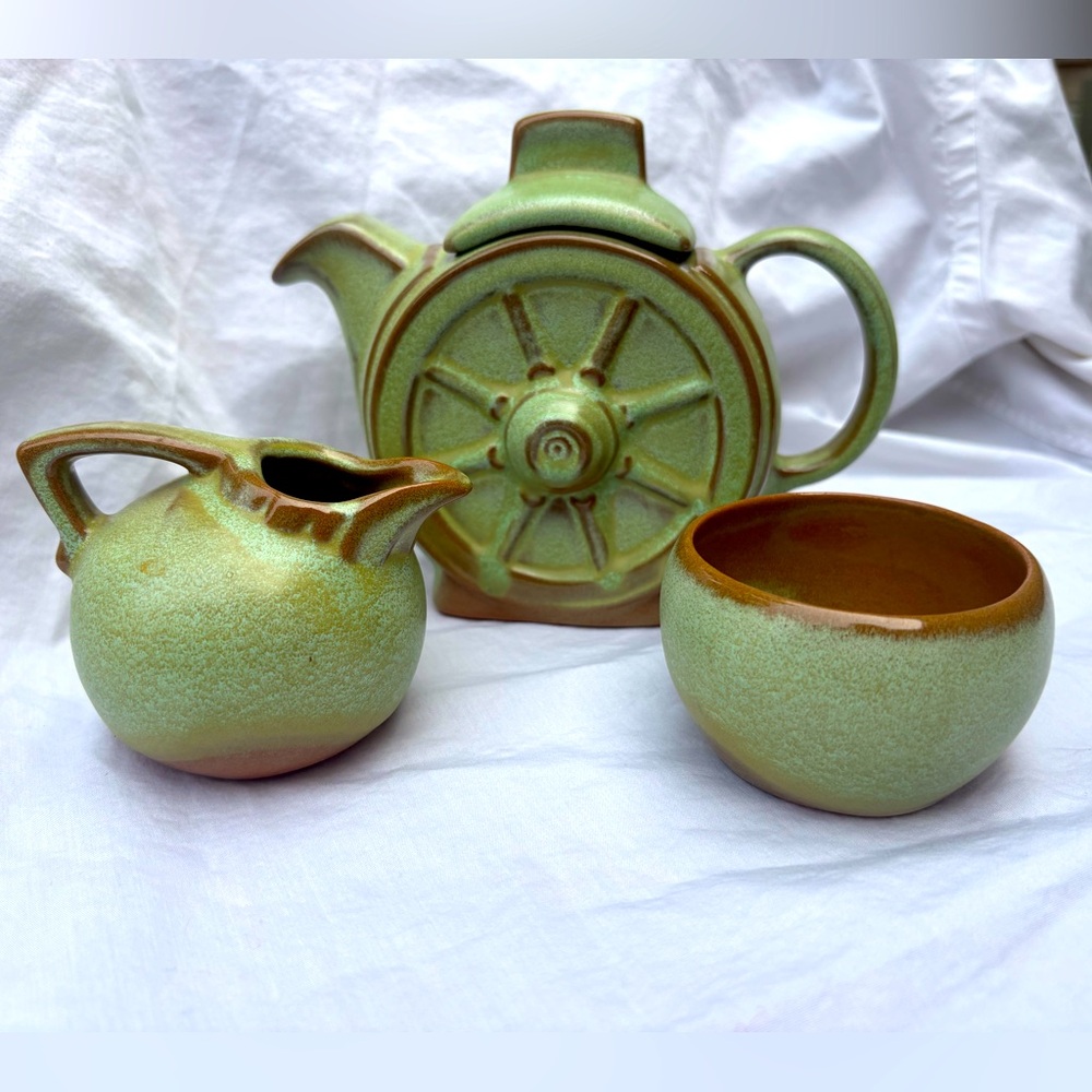 Vintage Frankoma Prairie Green Ceramic Teapot, Cream  Pitcher and Sugar Bowl